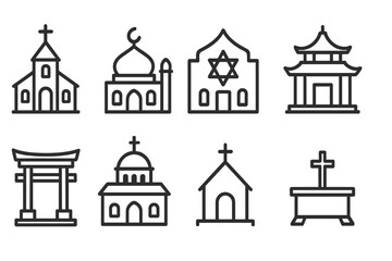 Places of Worship Icons. Line style icons for places of worship: church, mosque, synagogue, temple, shrine, monastery, chapel,