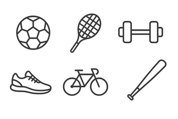 Sports Hobby Icons. Line style icons for sports hobbies: soccer ball, basketball, tennis racket, dumbbell, running shoe, bicycle,