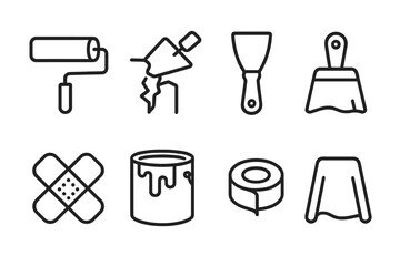 Wall Repair Tools Icons. Line style icons for wall repair: paint roller, plaster, putty knife, sanding block, patch, paint can,