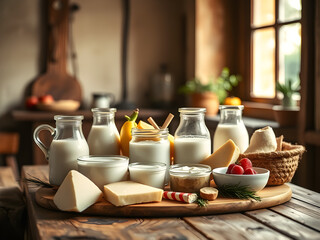 Fresh dairy products on a wooden table, conveying rustic simplicity and natural freshness.