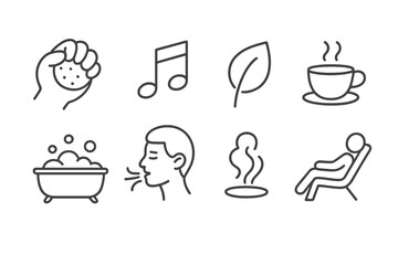 Stress Relief Icons. Line style icons for stress relief: stress ball, music notes, nature leaf, yoga mat, hot tea, bubble bath,