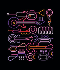 Neon colors isolated on a black background Musical Instruments vector line art design.