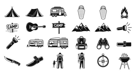Camping and Hiking Equipment Icons: Tents, Trailers, Backpacks, and More