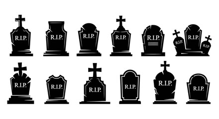 Collection of Black Gravestone Silhouettes with R.I.P. Inscriptions and Crosses