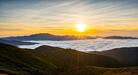  Breathtaking mountain sunset or sunrise over a sea of clouds, with vibrant golden light illuminating the sky and silhouetted mountain ridges peeking through the soft cloud layer.