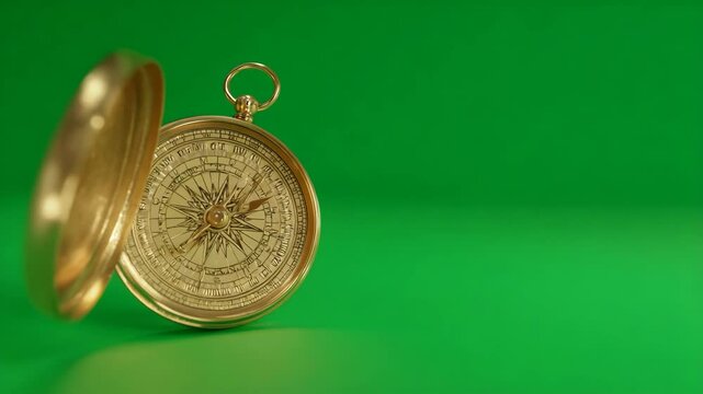 Antique brass pocket compass on green background