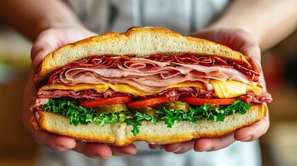 A close-up of a large, stacked deli sandwich with layers of meat, cheese, lettuce, and tomato held by two hands.