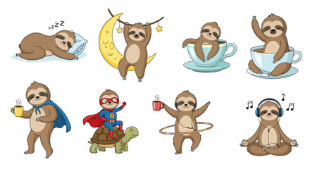 Cartoon Sloth Characters in Various Poses and Activities on Transparent Background