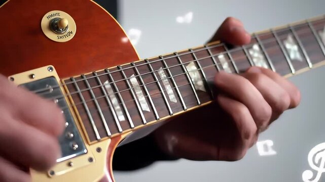 Musician skillfully plays a reddish-brown electric guitar, notes floating around