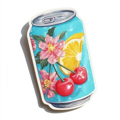 Vibrant summer beverage can adorned with cherry blossoms and citrus fruits a refreshing drink design perfect for branding and marketing materials
