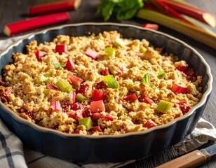 Plat de crumble à la rhubarbe. Generated image