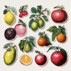 Vibrant Vintage Fruit Illustrations Apples Oranges Lemons Cherries Botanical Prints Perfect for Design Projects and Digital Media