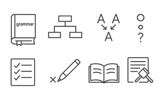 Grammar Icons Collection. Line style icons for grammar practice: grammar book, sentence structure, verb conjugation, punctuation