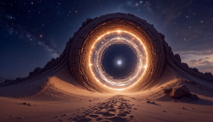 Giant sci-fi portal ring glowing with cosmic energy in rocky desert under night sky filled with stars. Concept of time travel and mystery