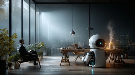 Bright minimalist home office interior with soft natural daylight entering through large floor-to-ceiling windows; a male professional with relaxed posture sitting at a sleek oak desk, while 