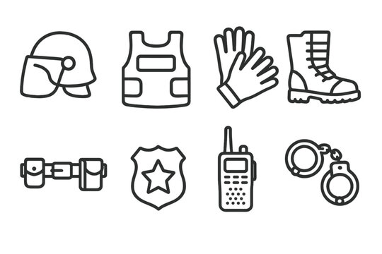 Police Gear Icons. Line style icons of police gear: helmet, bulletproof vest, gloves, boots, utility belt, badge, radio, handcuffs