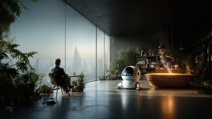 Bright minimalist home office interior with soft natural daylight entering through large floor-to-ceiling windows; a male professional with relaxed posture sitting at a sleek oak desk, while 