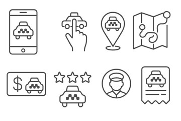 Taxi Service Icons. Line style icons of taxi services: app smartphone, booking, map pin, route, payment, rating, driver profile,