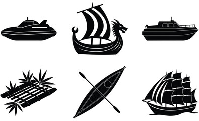 Boat and Ship Set – Vector Silhouette Collection Featuring Sailboats, Cargo Ships, Fishing Boats, Cruise Liners, and Marine Vessels for Nautical Themes

