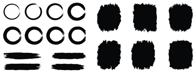 Black set paint, ink brush, brush strokes, brushes, lines, frames, circle, box, grungy. Grungy brushes collection. Artistic brush stroke elements for design and backgrounds. Vector illustration