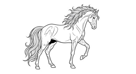 Elegant Line Art Drawing of a Horse with Flowing Mane and Tail