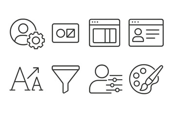 Personalization Icons Set. Line style icons of personalization: user avatar settings, theme customization, layout adjust icon,