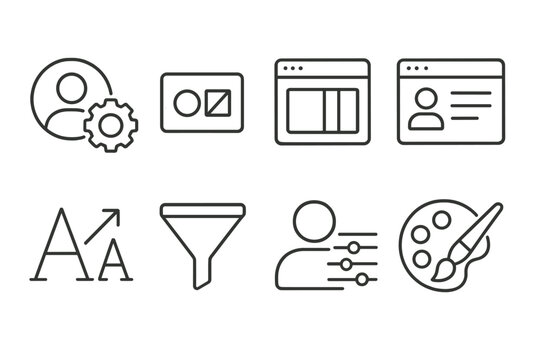 Personalization Icons Set. Line style icons of personalization: user avatar settings, theme customization, layout adjust icon,