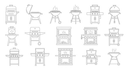 Collection of various barbecue grill and outdoor fireplace line art illustrations