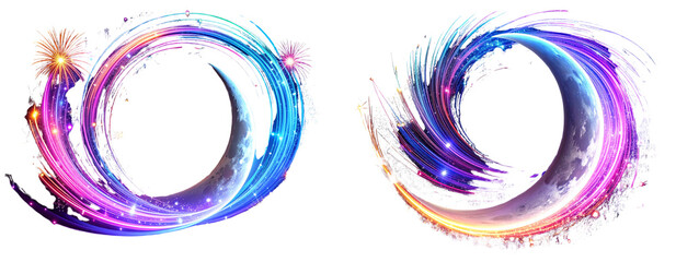 Crescent Moon in Cosmic Galaxy with Neon Fireworks and Shooting Stars Transparent Background PNG