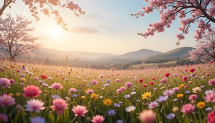 Fototapeta premium Blossoming meadow at sunrise with cherry trees
