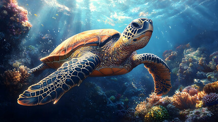 Obraz premium Majestic sea turtle gracefully gliding through a vibrant coral reef.
