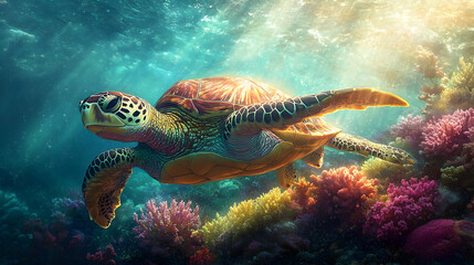 Obraz premium Vibrant sea turtle swims amongst coral reefs.