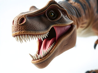Menacing T-Rex figurine with razor-sharp teeth, isolated on white, showcasing primal ferocity and intricate craftsmanship.