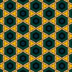 Seamless kaleidoscope floral pattern emerald and sapphire hexagons on gold design for fabric, wallpaper, and backgrounds