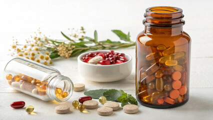 Assorted Capsules and Tablets in Glass Bottles with Herbal Background