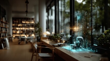 AI assistant guiding elderly user through tech interface using tactile holograms and magnified text projections in bright reading room with white bookshelves and woven blinds 