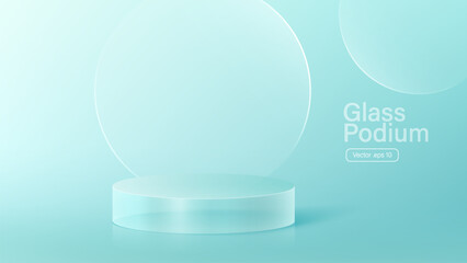 3D glass transparent crystal. Empty cylindrical pedestal. 3D cylinder and cube glass platforms set background. Vector realistic illustration of transparent plastic round and square