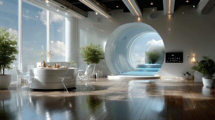 Zoomed-out scene showing bright minimalist room with a round desk, translucent chairs, sunlight reflecting on AI assistant's chest panel while syncing devices wirelessly 