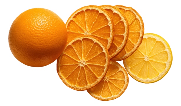 Fresh orange with overlapping dried orange and lemon slices.