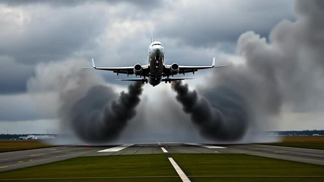 An airplane takes off from a runway, leaving trails of smoke.