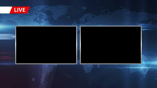 Live news broadcast backdrop with two black screens and world map background - Powered by Adobe