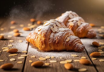 Croissants aux amandes sur table en bois, angle bas