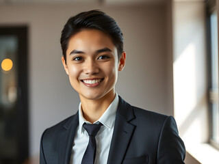 Young professional exuding confidence in business attire, embodying ambition and professionalism in a modern workplace.