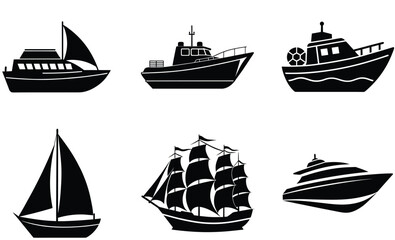 Boat and Ship Set – Vector Silhouette Collection Featuring Sailboats, Cargo Ships, Fishing Boats, Cruise Liners, and Marine Vessels for Nautical Themes


