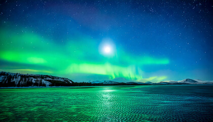 Aurora Borealis Over Frozen River, Northern Lights in Arctic Winter Landscape. Illustrate mood about roots and soul ask