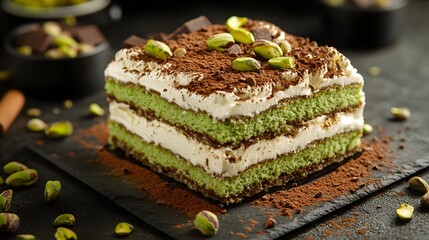 A piece of tiramisu, layered with green cake and white cream on top, sprinkled with pistachios and chocolate