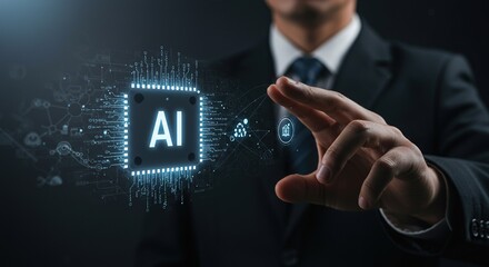 Naklejka premium Man in suit points to glowing ai chip on dark background.