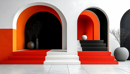 Interior with arches in white, black, and orange. Stairs and decorative vases create a modern, stylized scene