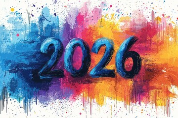 Bold blue 2026 numbers over colorful splattered paint background with vibrant artistic expression and abstract gradient design Generative AI