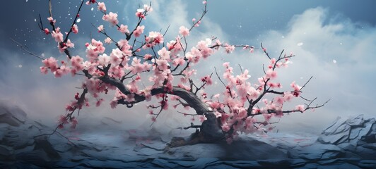 Cherry blossoms tree in Delfts Blauw, ai generative